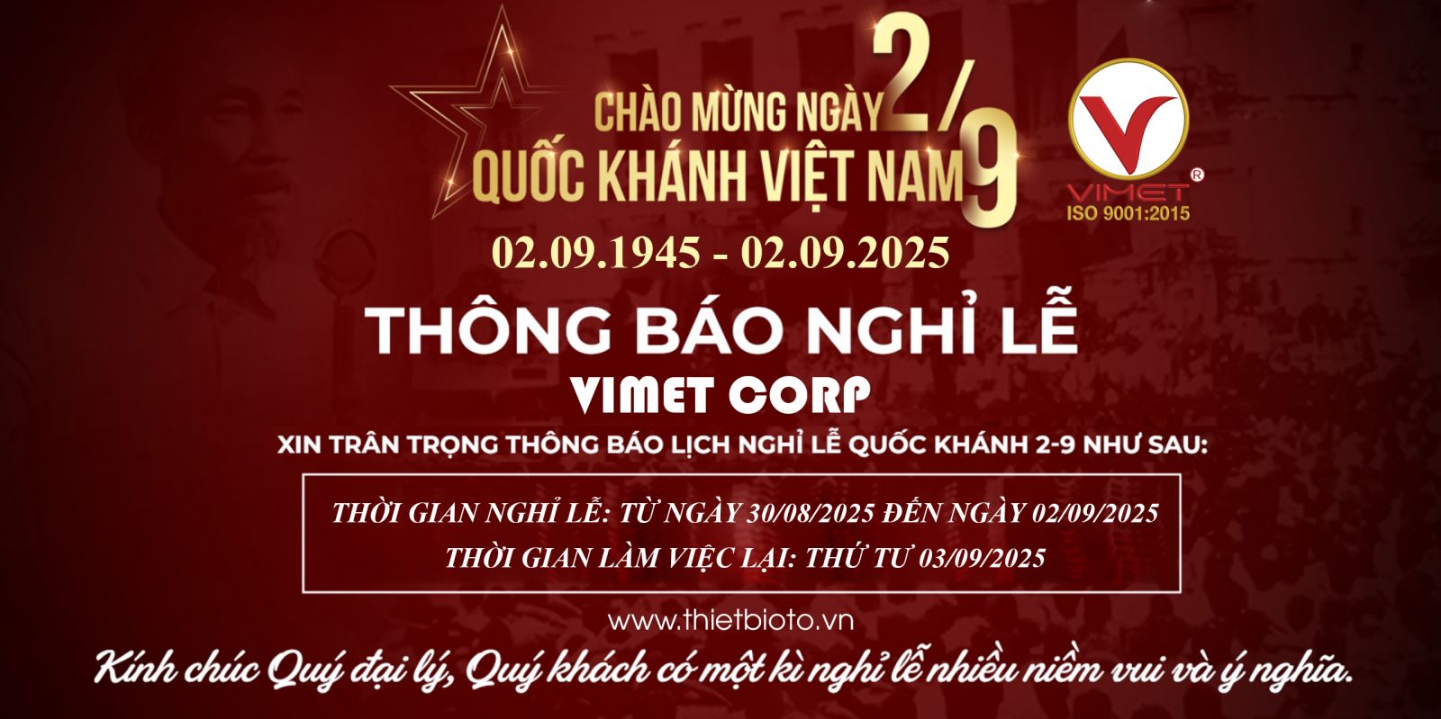 VIMET thông báo lịch nghỉ lễ QUỐC KHÁNH 02/09/1945 - 02/09/1945
