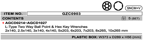 Bộ tay vặn 2 đầu lục giác và đầu bi 9PCS TOPTUL GZC0903